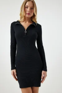 Happiness İstanbul Women's Black Zippered High Collar Corduroy Knitted Dress