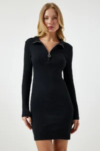 Happiness İstanbul Women's Black Zippered High Collar Corduroy Knitted Dress - Image 2