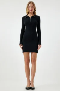 Happiness İstanbul Women's Black Zippered High Collar Corduroy Knitted Dress - Image 3
