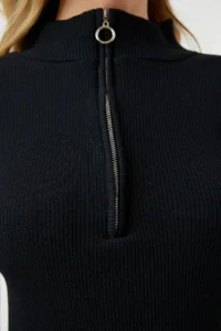 Happiness İstanbul Women's Black Zippered High Collar Corduroy Knitted Dress - Image 4