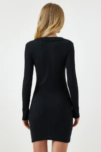 Happiness İstanbul Women's Black Zippered High Collar Corduroy Knitted Dress - Image 5