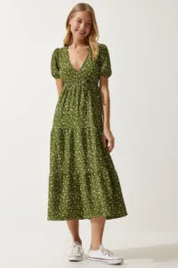 Happiness İstanbul Women's Khaki Wrap Collar Patterned Summer Knitted Dress