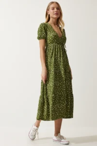 Happiness İstanbul Women's Khaki Wrap Collar Patterned Summer Knitted Dress - Image 2