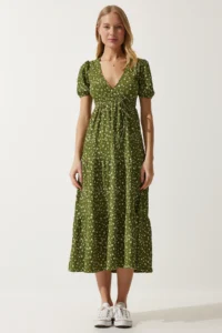 Happiness İstanbul Women's Khaki Wrap Collar Patterned Summer Knitted Dress - Image 3