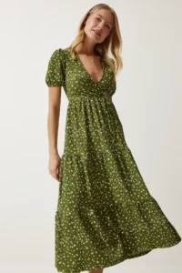 Happiness İstanbul Women's Khaki Wrap Collar Patterned Summer Knitted Dress - Image 4
