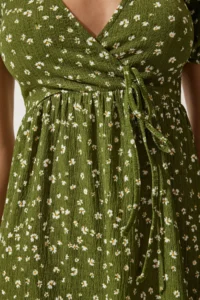 Happiness İstanbul Women's Khaki Wrap Collar Patterned Summer Knitted Dress - Image 6