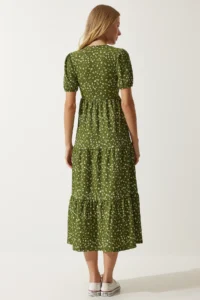 Happiness İstanbul Women's Khaki Wrap Collar Patterned Summer Knitted Dress - Image 7