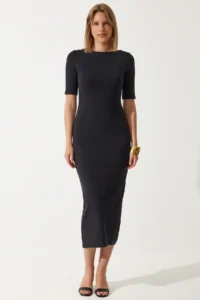 Happiness İstanbul Women's Black Gather Detailed Summer Knitted Dress