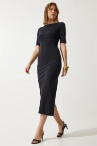 Happiness İstanbul Women's Black Gather Detailed Summer Knitted Dress - Image 2
