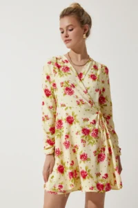 Happiness İstanbul Women's Yellow Floral Mini Wrap Chiffon Dress - Image 2