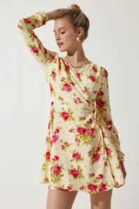 Happiness İstanbul Women's Yellow Floral Mini Wrap Chiffon Dress - Image 3