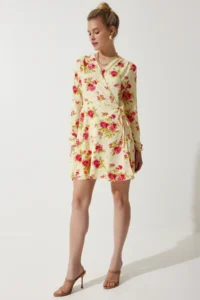 Happiness İstanbul Women's Yellow Floral Mini Wrap Chiffon Dress - Image 4