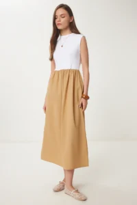 Happiness İstanbul Women's Biscuit White Knitted Top Summer Poplin A-Line Dress