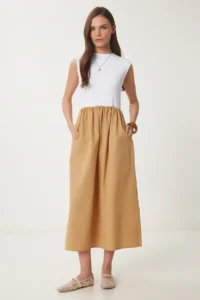 Happiness İstanbul Women's Biscuit White Knitted Top Summer Poplin A-Line Dress - Image 2
