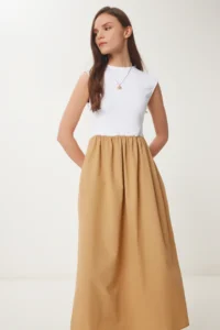 Happiness İstanbul Women's Biscuit White Knitted Top Summer Poplin A-Line Dress - Image 3