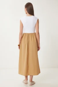 Happiness İstanbul Women's Biscuit White Knitted Top Summer Poplin A-Line Dress - Image 5