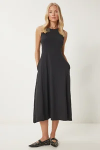 Happiness İstanbul Women Black with pocket Summer flared Midi Dress - Image 2