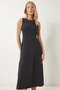 Happiness İstanbul Women Black with pocket Summer flared Midi Dress - Image 3