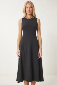 Happiness İstanbul Women Black with pocket Summer flared Midi Dress - Image 4