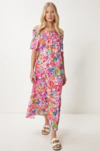 Happiness İstanbul Women's Dark Pink Carmen Collar Floral Summer Knitted Dress