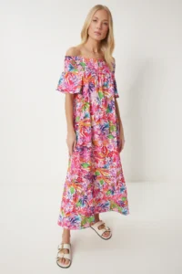 Happiness İstanbul Women's Dark Pink Carmen Collar Floral Summer Knitted Dress - Image 2