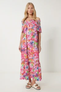 Happiness İstanbul Women's Dark Pink Carmen Collar Floral Summer Knitted Dress - Image 3