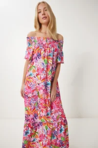 Happiness İstanbul Women's Dark Pink Carmen Collar Floral Summer Knitted Dress - Image 4
