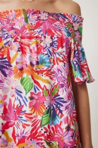 Happiness İstanbul Women's Dark Pink Carmen Collar Floral Summer Knitted Dress - Image 5