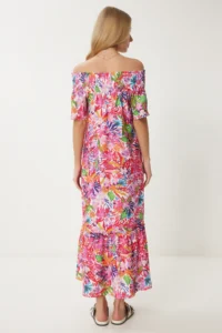 Happiness İstanbul Women's Dark Pink Carmen Collar Floral Summer Knitted Dress - Image 6