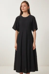 Happiness İstanbul Women's Black Wrinkle Effect Midi Woven Dress - Image 6