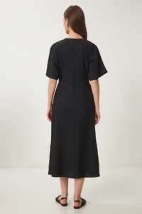 Happiness İstanbul Women's Black Wrinkle Effect Midi Woven Dress - Image 8