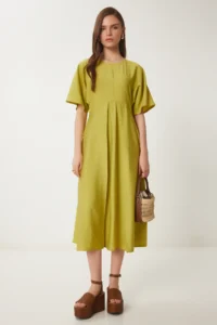 Happiness İstanbul Women's Oil Green Wrinkle Effect Midi Woven Dress