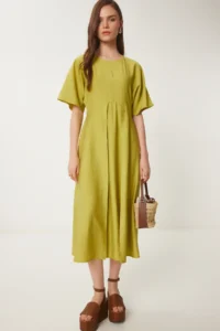 Happiness İstanbul Women's Oil Green Wrinkle Effect Midi Woven Dress - Image 2