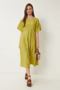 Happiness İstanbul Women's Oil Green Wrinkle Effect Midi Woven Dress - Image 3