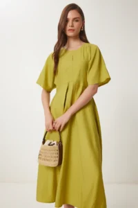 Happiness İstanbul Women's Oil Green Wrinkle Effect Midi Woven Dress - Image 4