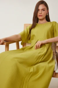 Happiness İstanbul Women's Oil Green Wrinkle Effect Midi Woven Dress - Image 5