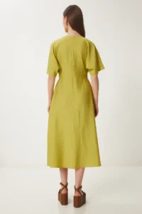 Happiness İstanbul Women's Oil Green Wrinkle Effect Midi Woven Dress - Image 7