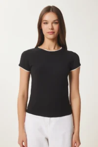 Happiness İstanbul Women's Black Bone Contrast Color Knitted T-Shirt - Image 3