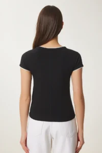 Happiness İstanbul Women's Black Bone Contrast Color Knitted T-Shirt - Image 5