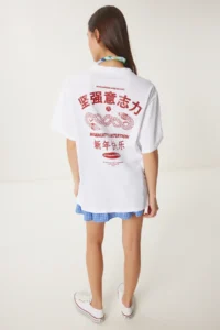 Happiness İstanbul Women's White Oversize Printed Cotton Knitted T-Shirt