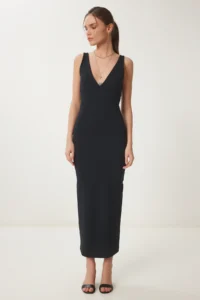 Happiness İstanbul Women Black V-neck Midi Knitting Dress - Image 2