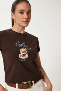 Happiness İstanbul Women Brown Printed Knitting T-Shirt - Image 2