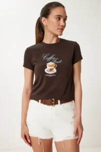 Happiness İstanbul Women Brown Printed Knitting T-Shirt - Image 3