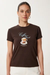 Happiness İstanbul Women Brown Printed Knitting T-Shirt - Image 4
