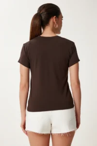 Happiness İstanbul Women Brown Printed Knitting T-Shirt - Image 6