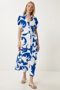 Happiness İstanbul Women's Blue White Patterned Summer Viscose Shirt Dress - Image 2
