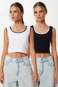 Happiness İstanbul Women's Black White 2 Pack Strappy Seamless Ribbed Crop Knitted Undershirt