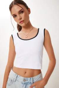 Happiness İstanbul Women's Black White 2 Pack Strappy Seamless Ribbed Crop Knitted Undershirt - Image 6