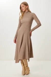 Happiness İstanbul Women's Mink Flounce Slit Midi Crinkle Dress - Image 2