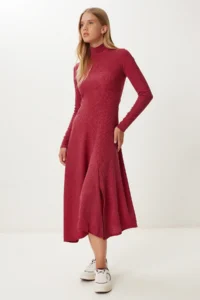 Happiness İstanbul Women's Burgundy Flounce Slit Midi Crinkle Dress